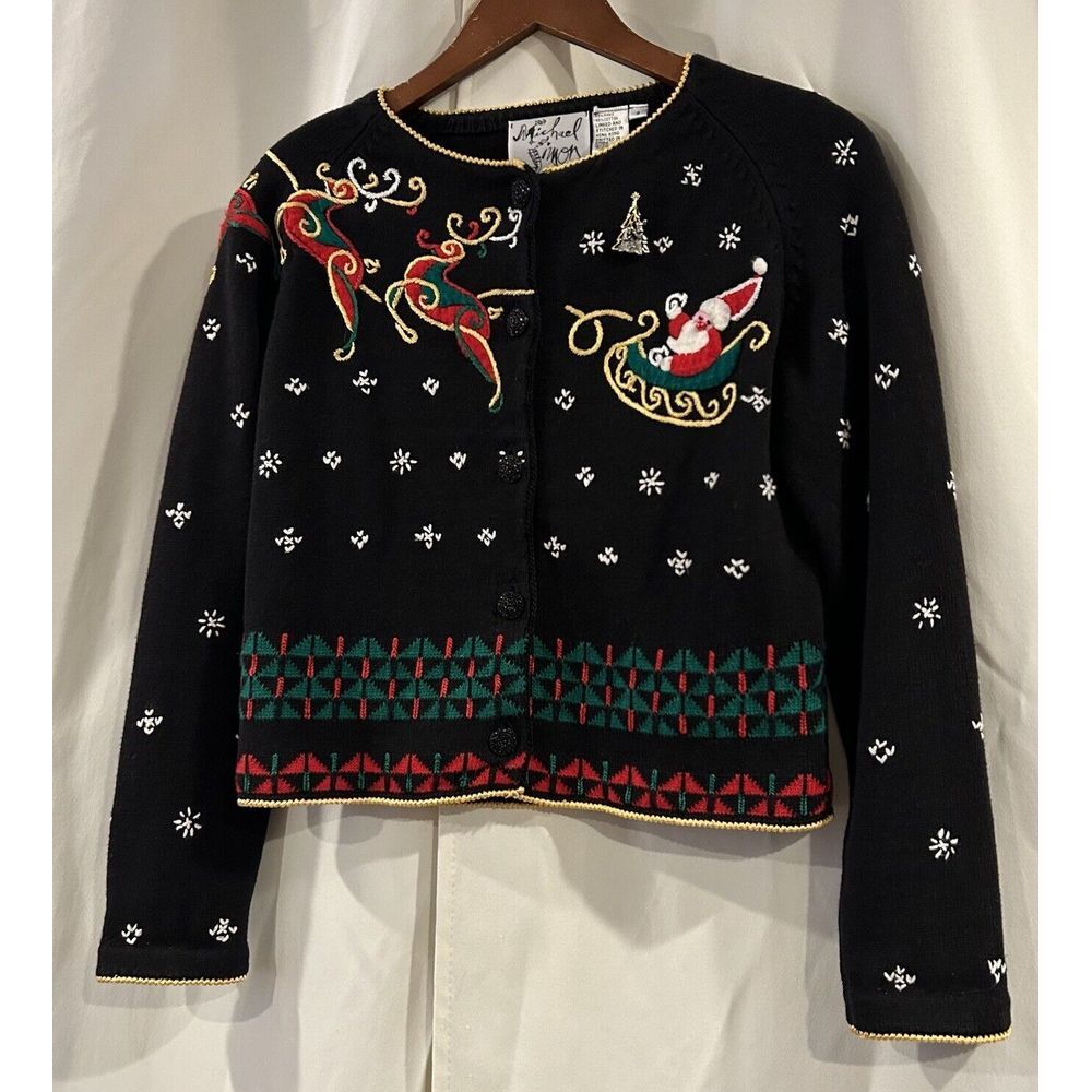 Vintage Michael Simon‎ Santa Sleigh Holiday Cardigan 90s Size Small - Picture 2 of 7